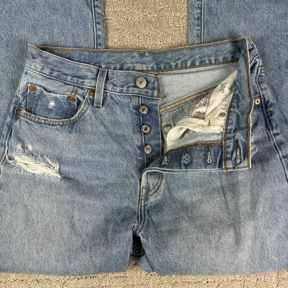 Levis 501 Jeans Mens 28x28 (tag 29x30) Light Wash Blue Straight Stretch Denim